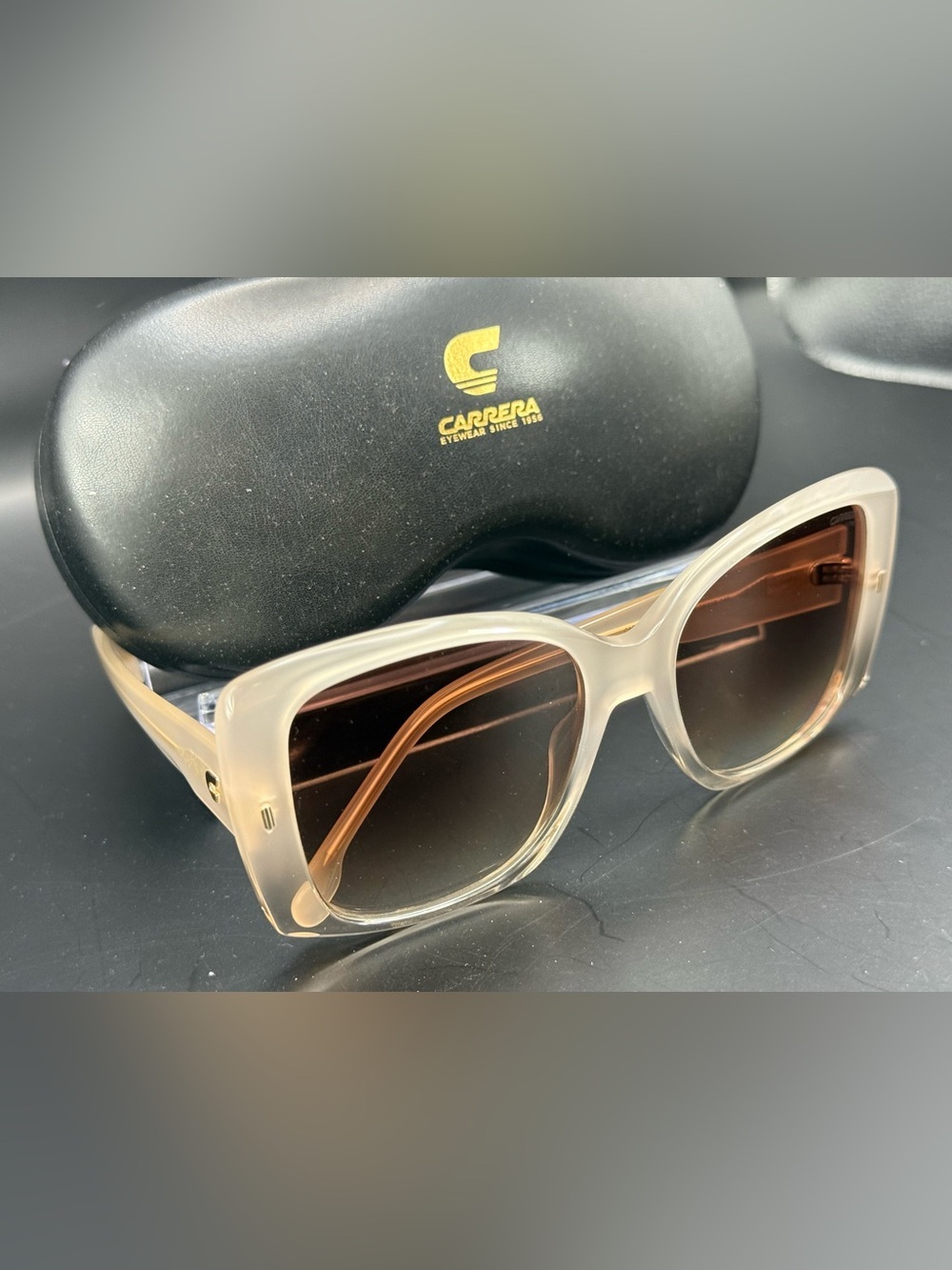Carrera Ivory Square Frosted Clear Frame Sunglasses w/ Brown Gradient Lenses NWT